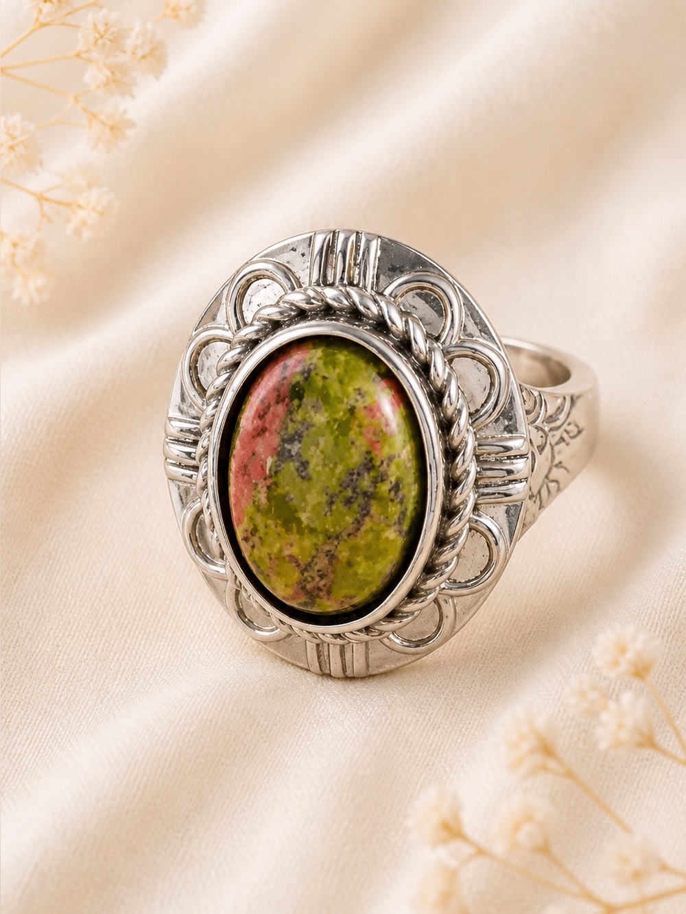 Unakite Gemstone Stainless Steel Solitaire Ring Rope Detail Vintage Style